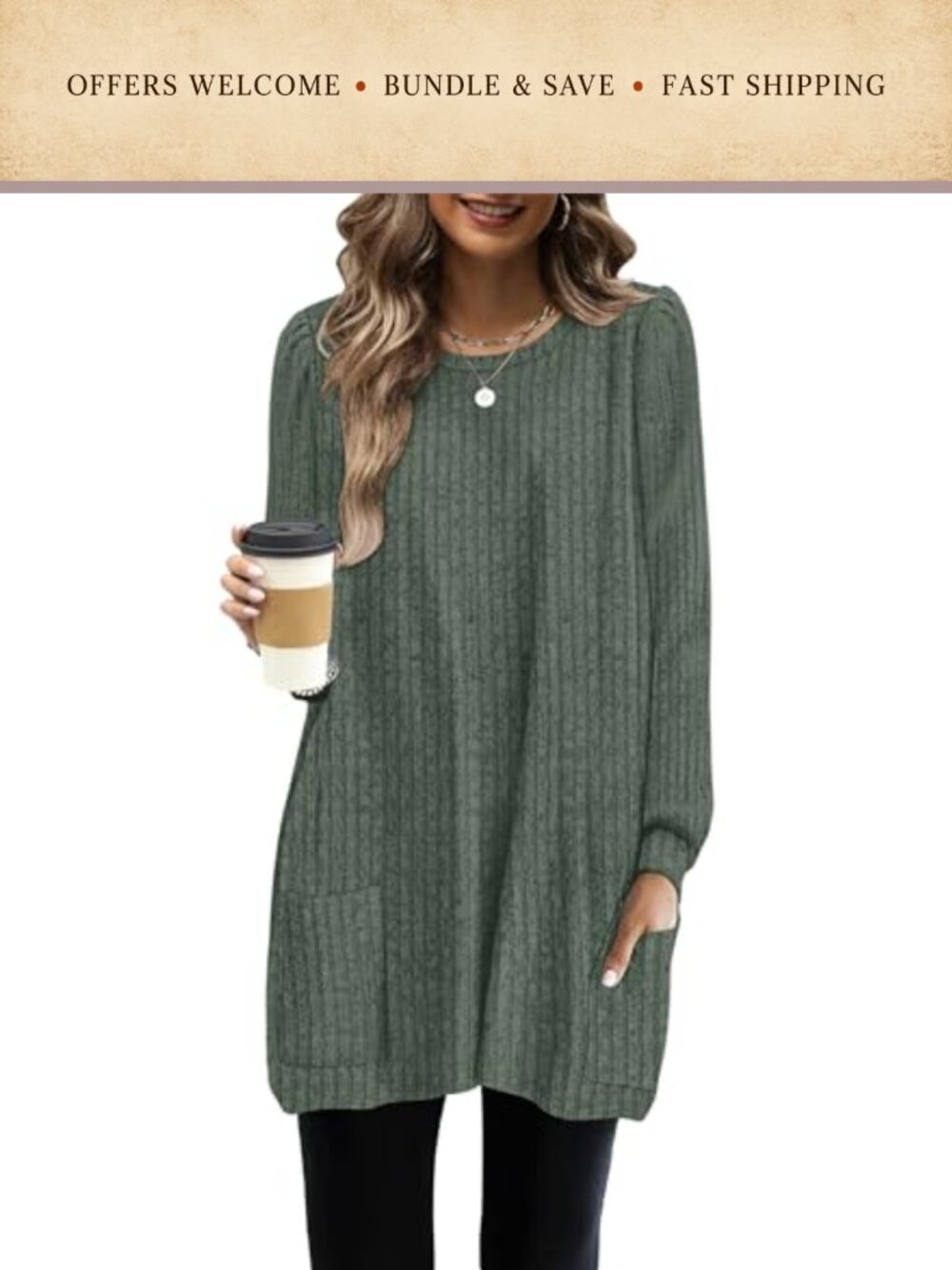 WNEEDU Women Long Sleeve Tunic Sweater Dress with Pockets Crew Neck Pullover